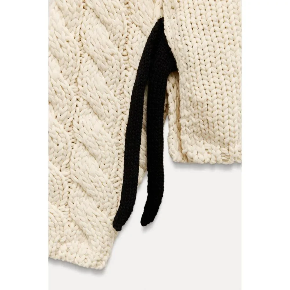 Cream Zara Side Vents Ties Chunky Knit Long Sleeve Pullover Sweater (NWT) - Picture 2 of 10